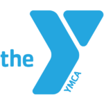 The YMCA logo features a large blue Y shape, with the word the in lowercase blue letters to the left and YMCA written vertically along the lower right side of the Y. The background is light gray.