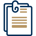 Icon of two overlapping documents with gold lines representing text and a blue outline, connected by a blue paperclip at the top left corner.
