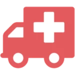 A simple, stylized red ambulance icon with a white cross on the side, two wheels, and a cab in front, viewed from the side.