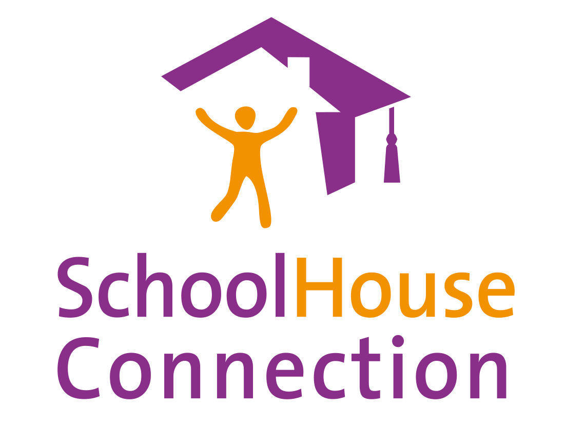 Logo for SchoolHouse Connection with a purple house shape above an orange figure with raised arms. The words SchoolHouse Connection appear below in purple and orange text.