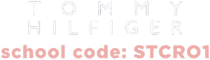 Tommy Hilfiger logo above the text school code: STCR01 in large, bold, light pink letters.