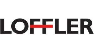 The image shows the word LOFFLER in bold black capital letters on a white background, with a thick red horizontal line replacing the middle bar of the first F.