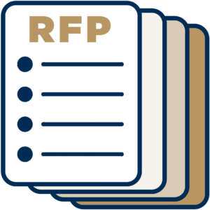 Icon of a stack of documents, with the top page labeled RFP in large gold letters and four bullet points below it, representing a request for proposal form.