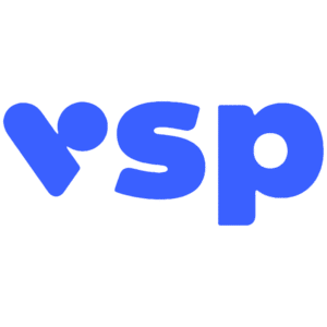 Blue VSP logo on a light gray background, with the letters vsp in a bold, rounded font. The v is stylized with a heart-shaped upper left portion.