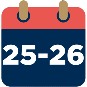 A calendar page with a red top and blue body, displaying the numbers 25-26 in large white text, indicating the dates 25 and 26.
