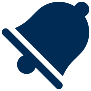 A solid dark blue bell icon, tilted diagonally to the right, with a circular clapper visible at the bottom, on a light gray background.