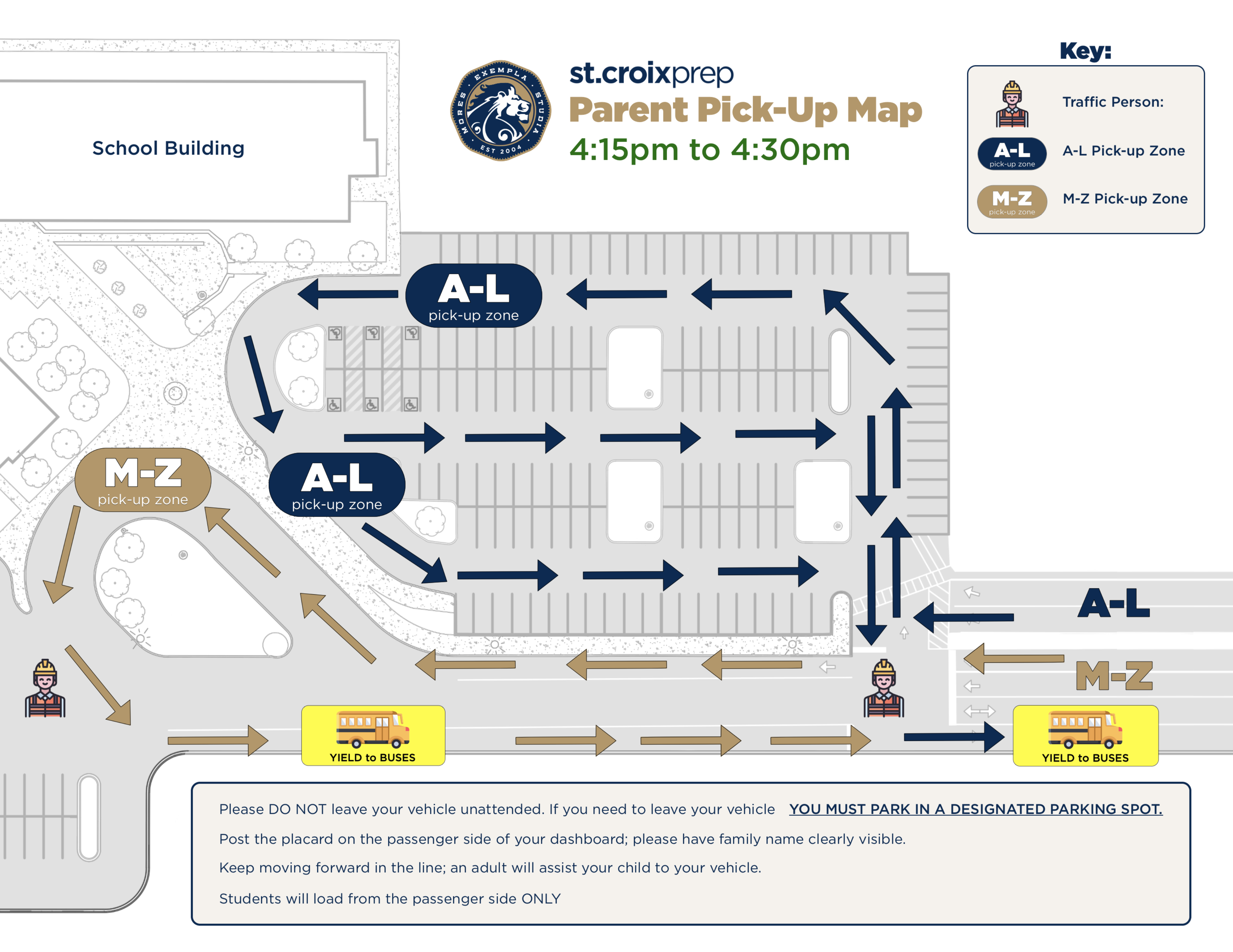 Parent pick-up map showing traffic flow with arrows, labeled zones for A-L and M-Z last names, a school building, parking areas, pick-up lines, and instructions for safe pick-up procedures. Key explains zone and staff icons.