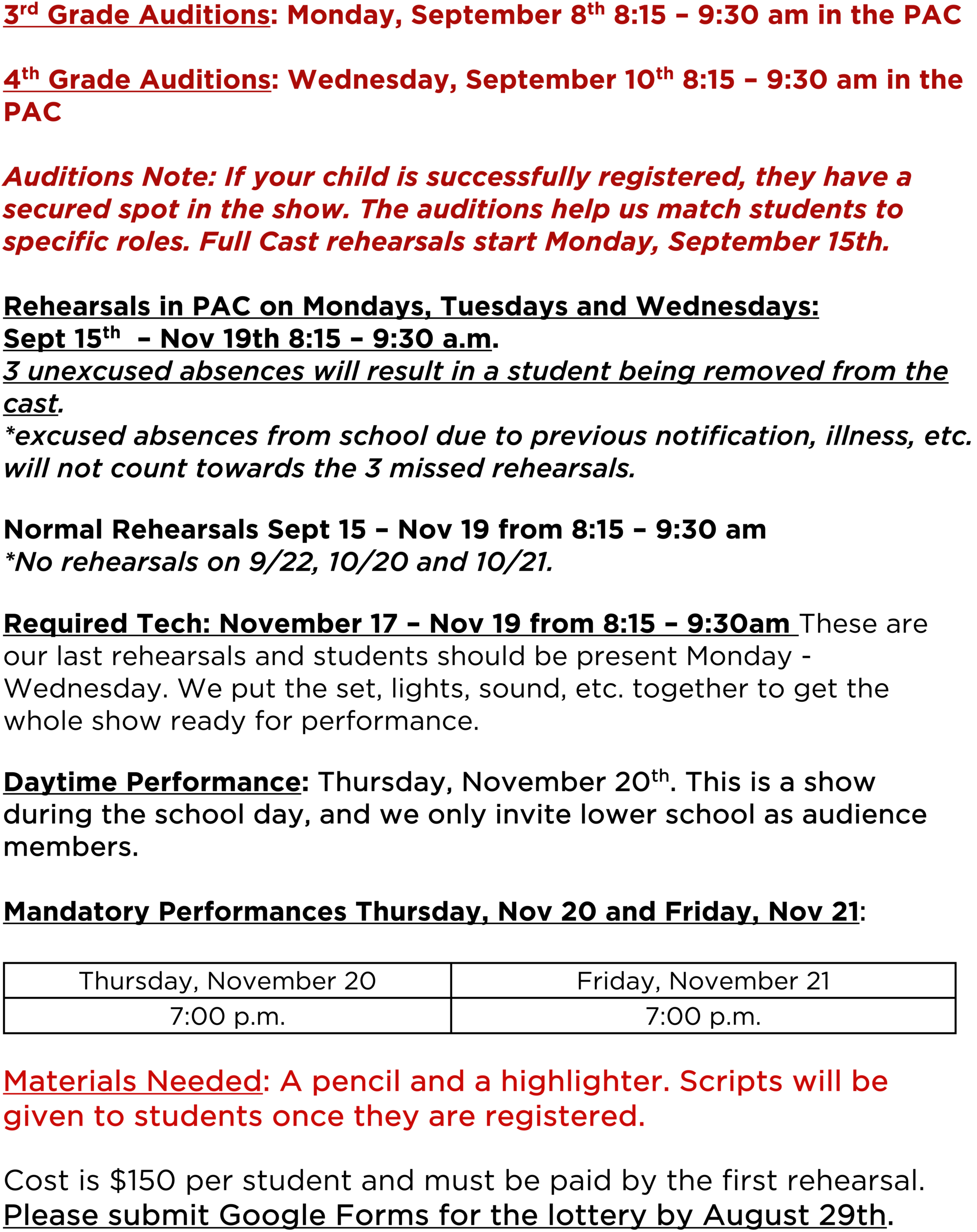An audition and rehearsal schedule detailing important dates, times, requirements, and rules for a school play. Key sections are highlighted in red, and essential notes are included about attendance and mandatory rehearsals.
