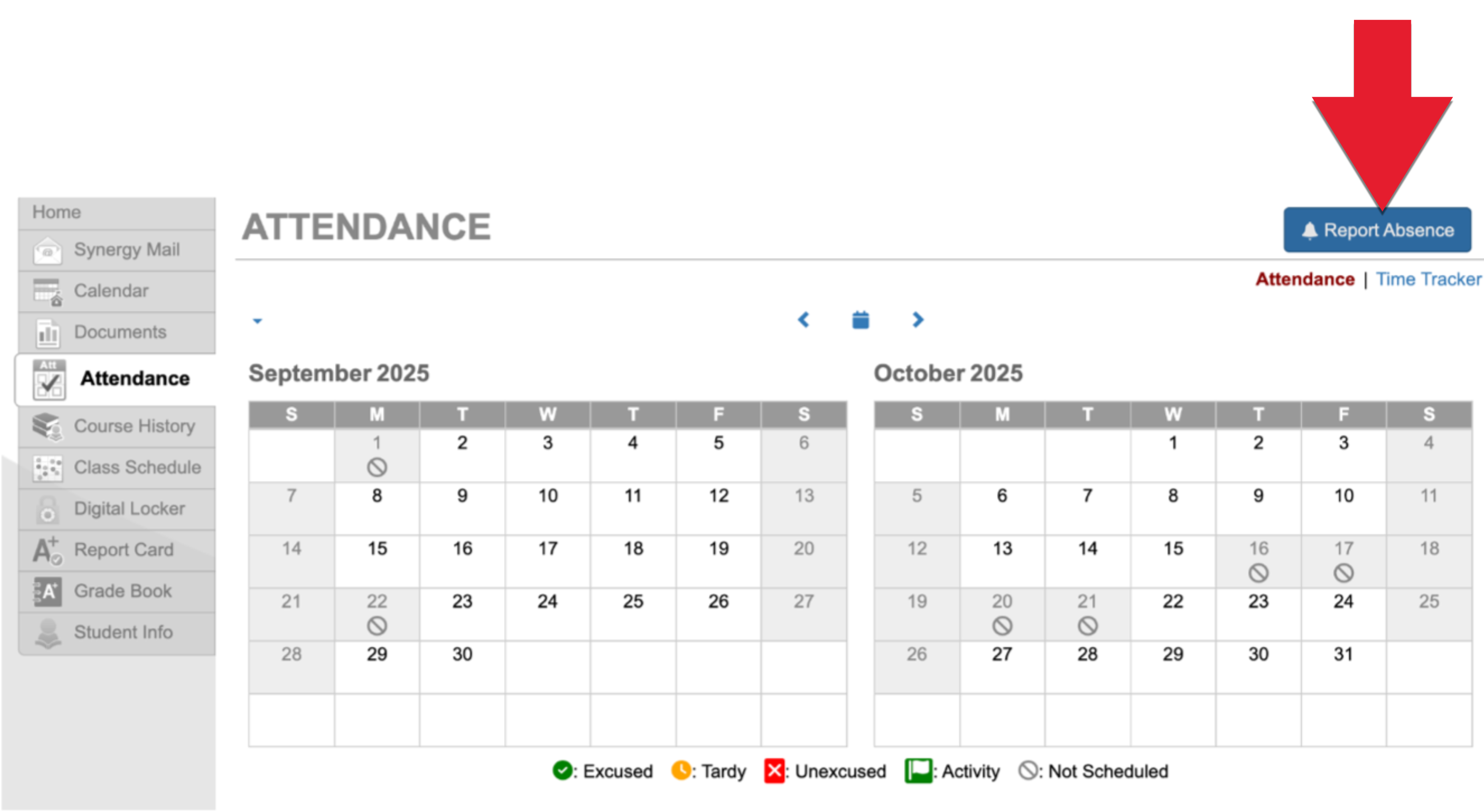 Screenshot of a student attendance page showing September and October 2025 calendars. An arrow points to a blue Report Absence button in the top right corner above the calendar. Attendance status icons are at the bottom.