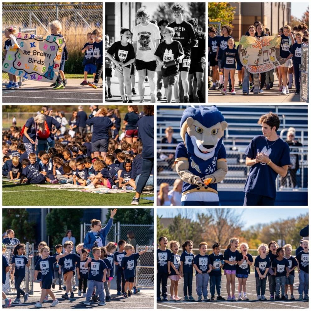 A collage of schoolchildren and adults participating in an outdoor fun run and pep rally, featuring group activities, mascot appearances, banners, and excited kids lined up in matching shirts and numbered race bibs.