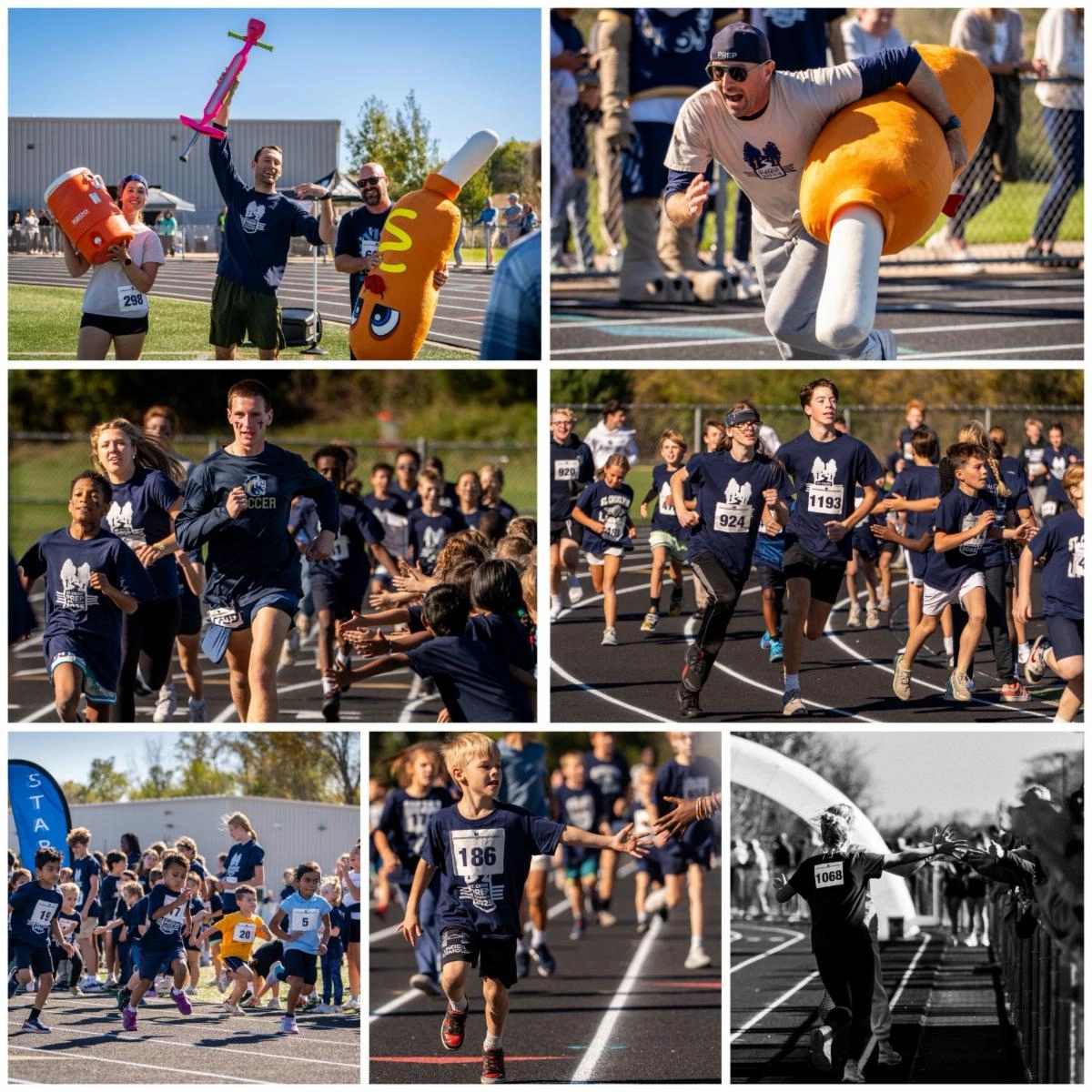 A collage of children and adults participating in a themed school fun run on a track, including races, costumes like hot dogs, and kids wearing numbered bibs and matching shirts, with action shots and joyful expressions.