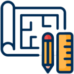 A blueprint with a pencil and a ruler, symbolizing architecture, design, or planning. The blueprint has a simple room layout, and the pencil and ruler are both yellow with blue outlines.