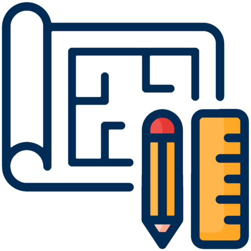 A blueprint with a pencil and a ruler, symbolizing architecture, design, or planning. The blueprint has a simple room layout, and the pencil and ruler are both yellow with blue outlines.