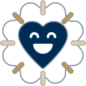 A dark blue heart with a smiling face is centered inside a white, cloud-like shape with eight tan lines radiating outward, resembling rays or arms.