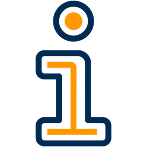 A lowercase letter i icon outlined in dark blue with orange accents, often used to represent information or an information desk.