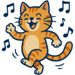 An illustrated orange tabby cat dances happily with eyes closed, a big smile, and raised paw, surrounded by musical notes.