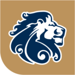 A stylized, navy blue lion head with a flowing mane is outlined in white on a tan background. The design features bold lines and curves, evoking strength and elegance.